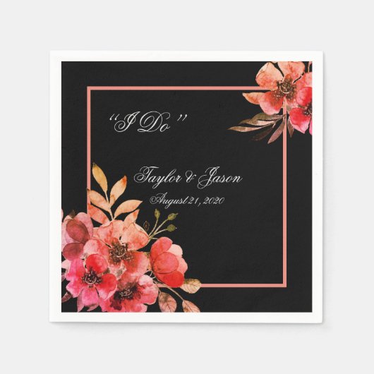 Romantic Black Peach Floral Script Weddenschap Servet (Voorkant)