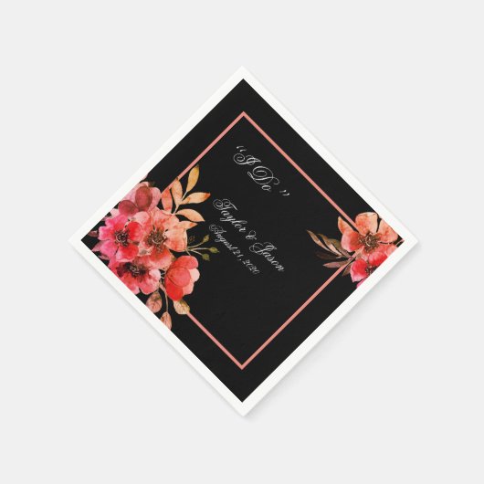 Romantic Black Peach Floral Script Weddenschap Servet (Hoek)