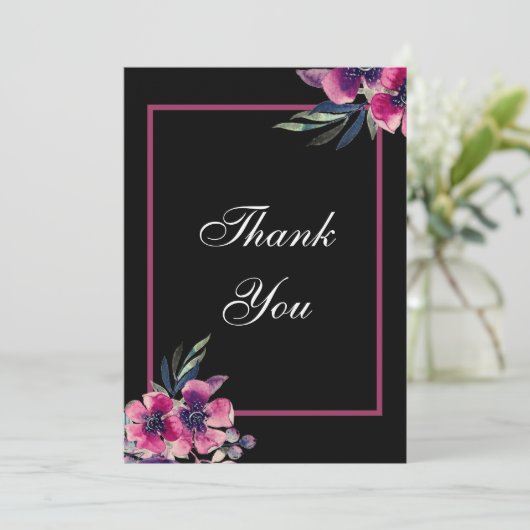 Romantic Black & Pink Floral Script Weduwen Bedankkaart (Staand voorkant)