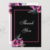 Romantic Black & Pink Floral Script Weduwen Bedankkaart (Voorkant / Achterkant)