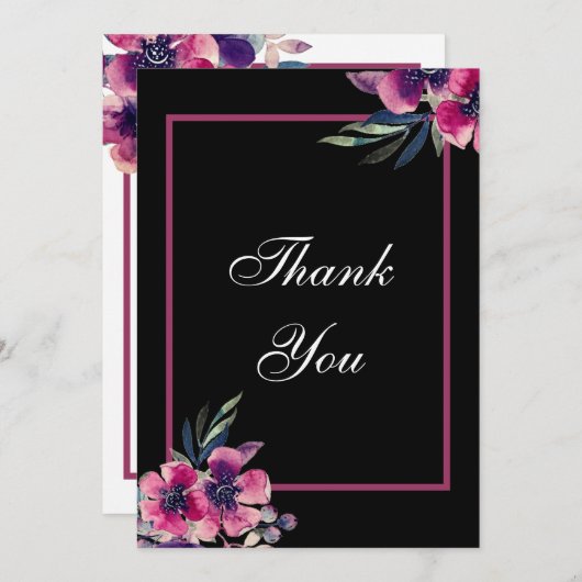 Romantic Black & Pink Floral Script Weduwen Bedankkaart (Voorkant / Achterkant)