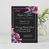 Romantic Black & Pink Floral Script Weduwen Kaart (Staand voorkant)