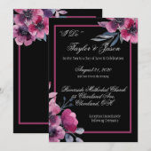 Romantic Black & Pink Floral Script Weduwen Kaart (Voorkant / Achterkant)