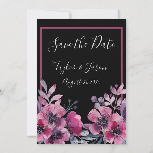 Romantic Black & Pink Floral Script Weduwen Save The Date (Voorkant)