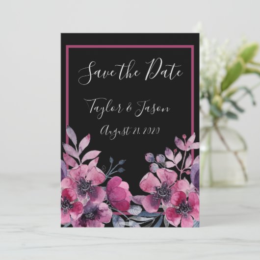 Romantic Black & Pink Floral Script Weduwen Save The Date (Staand voorkant)