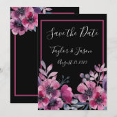 Romantic Black & Pink Floral Script Weduwen Save The Date (Voorkant / Achterkant)