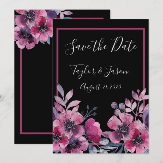 Romantic Black & Pink Floral Script Weduwen Save The Date (Voorkant / Achterkant)