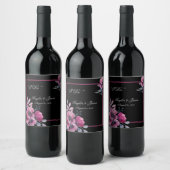 Romantic Black & Pink Floral Script Weduwen Wijn Etiket (Flessen)