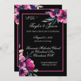 Romantic Black & Pink Floral Wedding Script Kaart