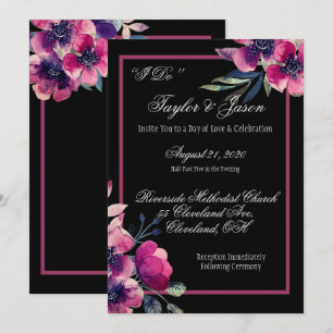 Romantic Black & Pink Floral Wedding Script Kaart