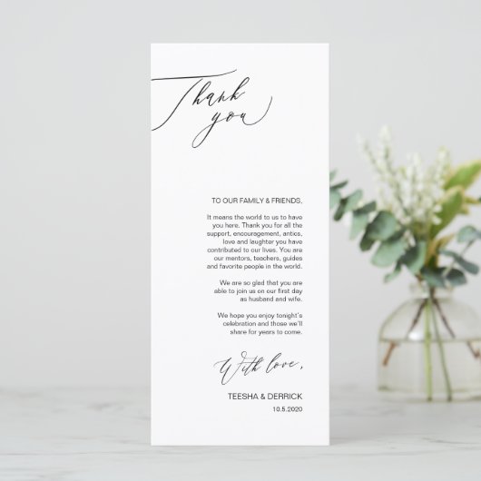 Romantic Black Script Place Setting Dank u kaart (Staand voorkant)