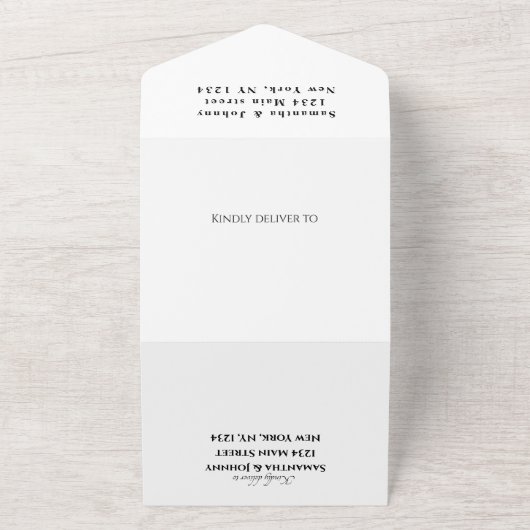 Romantic Black simpele kalligrafie Chic Wedding All In One Uitnodiging (Buitenkant)