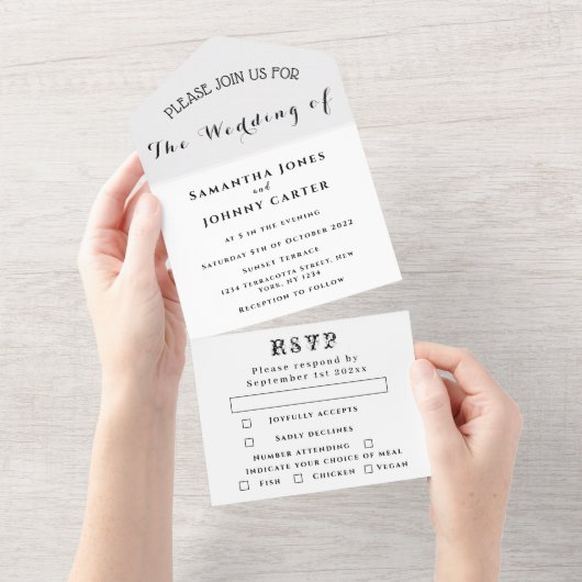 Romantic Black simpele kalligrafie Chic Wedding All In One Uitnodiging (Afscheurbaar)