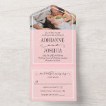 Romantic Bleek roze foto bruiloft All In One Uitnodiging<br><div class="desc">Roze alles in één trouwuitnodiging kunt u met een foto van jullie twee aan de bovenkant van de uitnodiging personaliseren. Informele formulering met elegante houtskoollettertypen en uw namen in grote letters.</div>
