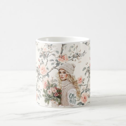 Romantic Blond Hair Lady Peach Roses Floral Koffiemok (Center)