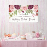 Romantic Blooms Shower Welkomstbanner Spandoek<br><div class="desc">Floral Welkome Banner Sign, met trendy de stijldoopvont van het borstelmanuscript en de romantische hand schilderde floral. Tijdige en ultra-romantische kantoorbenodigdheden met bloemdetails zijn op grote schaal terug. Met rijke, bruine merlot bloemen en accenten van gemuteerde stoffige bloesjes en eucalyptusgroenen die het een , tuingeïnspireerd gevoel geven. Romantisch en lief!...</div>