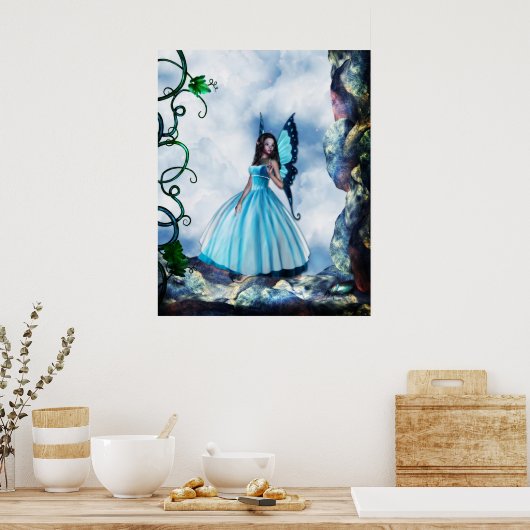 Romantic Blue Butterfly Fairy Poster (Keuken)
