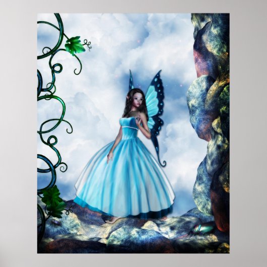 Romantic Blue Butterfly Fairy Poster (Voorkant)