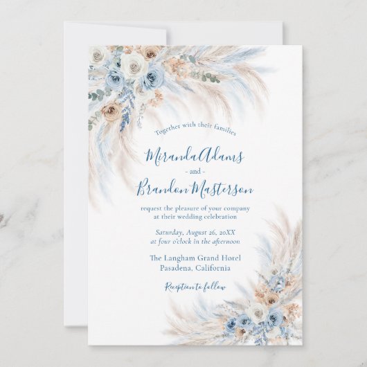 Romantic Blue Calligraphy Floral Boho Wedding Kaart (Voorkant)