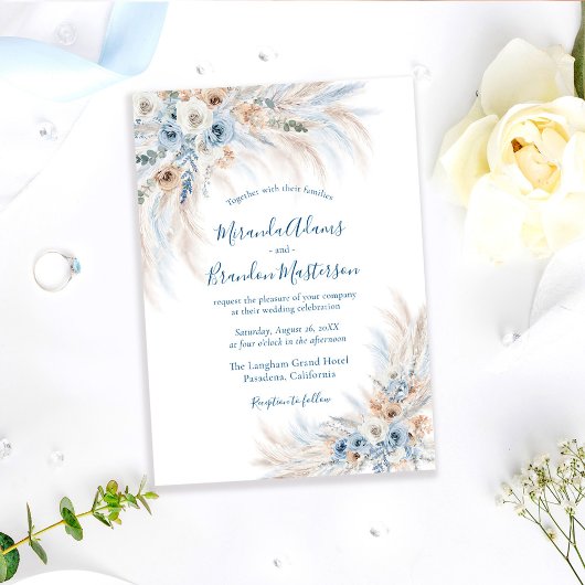 Romantic Blue Calligraphy Floral Boho Wedding Kaart