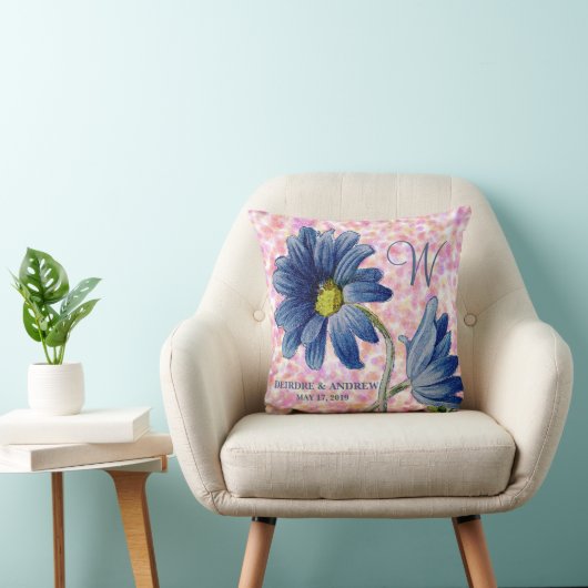 Romantic Blue Daisy Roos Monogram Initiaal Weddens Kussen (Stoel)