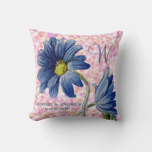 Romantic Blue Daisy Roos Monogram Initiaal Weddens Kussen (Voorkant)