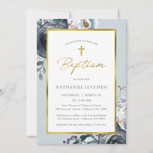 Romantic Blue Floral and Gold Script Baptisme Kaart (Voorkant)