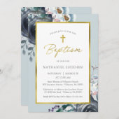 Romantic Blue Floral and Gold Script Baptisme Kaart (Voorkant / Achterkant)