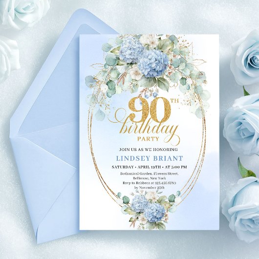 Romantic Blue Floral Boho 90th Birthday Invitation Kaart