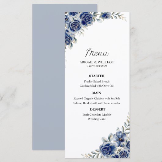 Romantic Blue Floral Botanical Wedding Menus Card Menu (Voorkant / Achterkant)