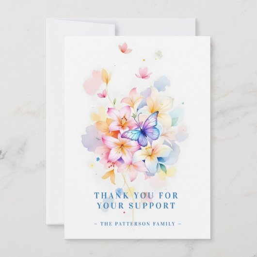 Romantic Blue Floral Butterfly Memorial Photo Card Bedankkaart (Voorkant)