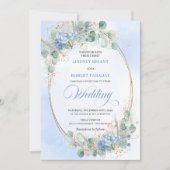 Romantic Blue Floral Gold Frame Wedding Invitation Kaart (Voorkant)