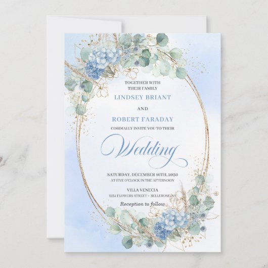 Romantic Blue Floral Gold Frame Wedding Invitation Kaart (Voorkant)