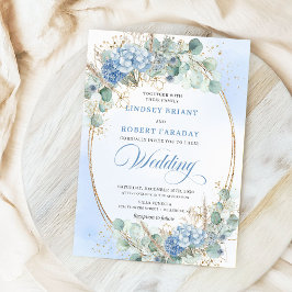 Romantic Blue Floral Gold Frame Wedding Invitation Kaart