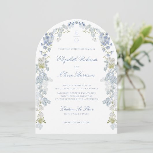 Romantic Blue Floral Monogram All in One Wedding Kaart (Staand voorkant)