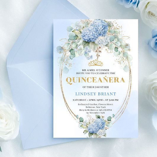 Romantic Blue Flowers Gold 15th Birthday Invite Kaart