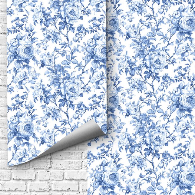 Romantic Blue French Toile Roses Floral Wallpaper  Behang (Romantic Blue French Toile Roses Floral Wallpaper Design)