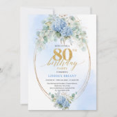 Romantic Blue Garden Floral 80th Birthday Invite Kaart (Voorkant)