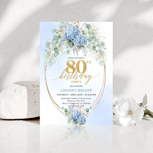 Romantic Blue Garden Floral 80th Birthday Invite Kaart