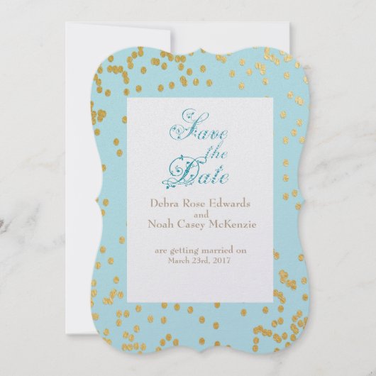 Romantic Blue Gold Confetti slaat de datum op Kaart (Voorkant)