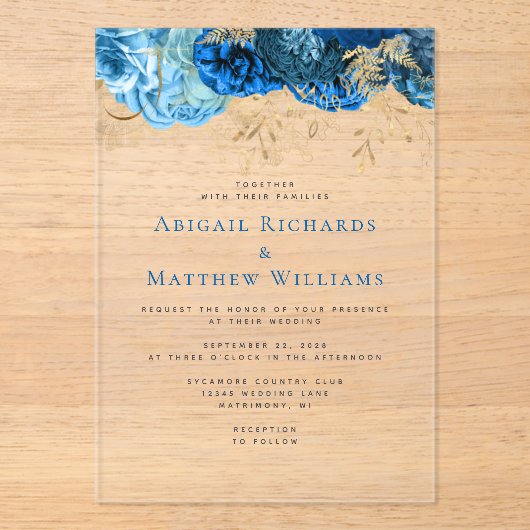 Romantic Blue Gold Floral Wedding Acryl Uitnodigingen (Voorkant)