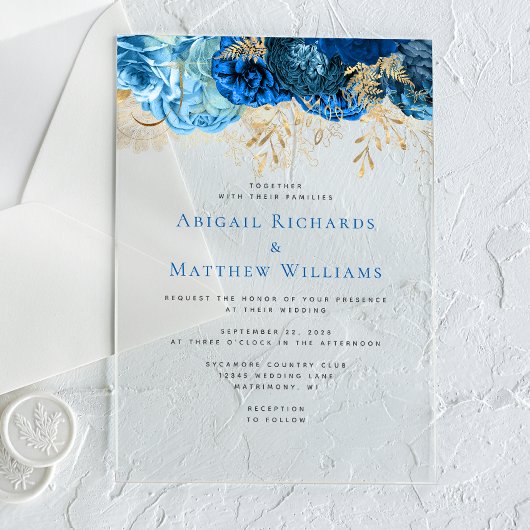 Romantic Blue Gold Floral Wedding Acryl Uitnodigingen