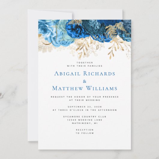 Romantic Blue Gold Floral Wedding Kaart (Voorkant)