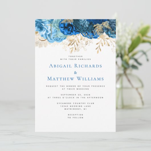 Romantic Blue Gold Floral Wedding Kaart (Staand voorkant)