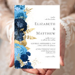Romantic Blue Gold Floral Wedding Kaart<br><div class="desc">Deze romantische bloemenbruiloft uitnodiging heeft een rand van marineblauw en hemelsblauw bloemen die zijn vertrokken met gouden faux folie gebladerte. De namen van het paar worden weergegeven in klassieke houtskool grijs serif lettertype,  met de resterende tekst in cursief.</div>