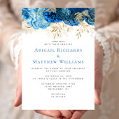 Romantic Blue Gold Floral Wedding Kaart