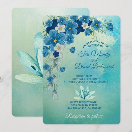 Romantic Blue/Green Floral Wedding Invitations Kaart (Voorkant / Achterkant)