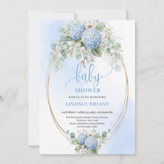 Romantic Blue Hydrangea Baby Shower Gold Invitatio Kaart (Voorkant)