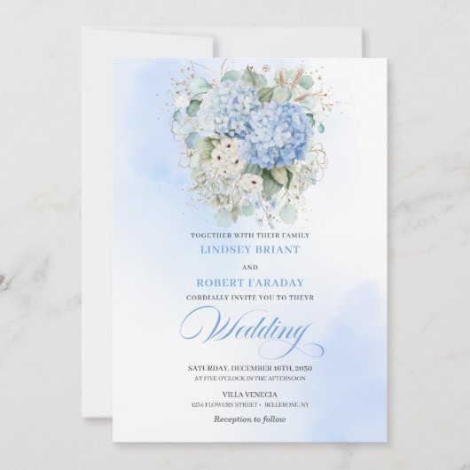 Romantic Blue Hydrangea Botanical Wedding Invite Kaart (Voorkant)