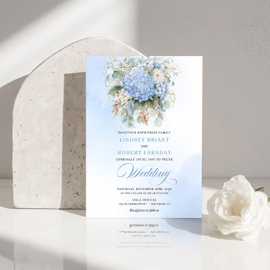 Romantic Blue Hydrangea Eucalyptus Wedding Invite Kaart